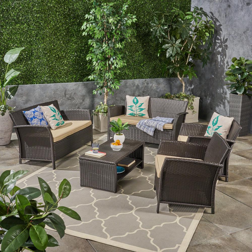 Noble House St. Lucia Brown 5-Piece Wicker Patio Conversation Set with ...