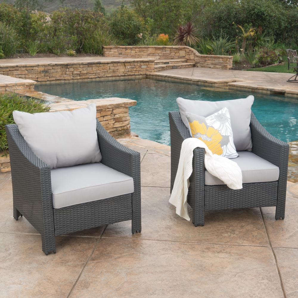 Noble House Antibes Grey Stationary Wicker Outdoor Lounge Chair With Silver Cushion 2 Pack 7580 The Home Depot