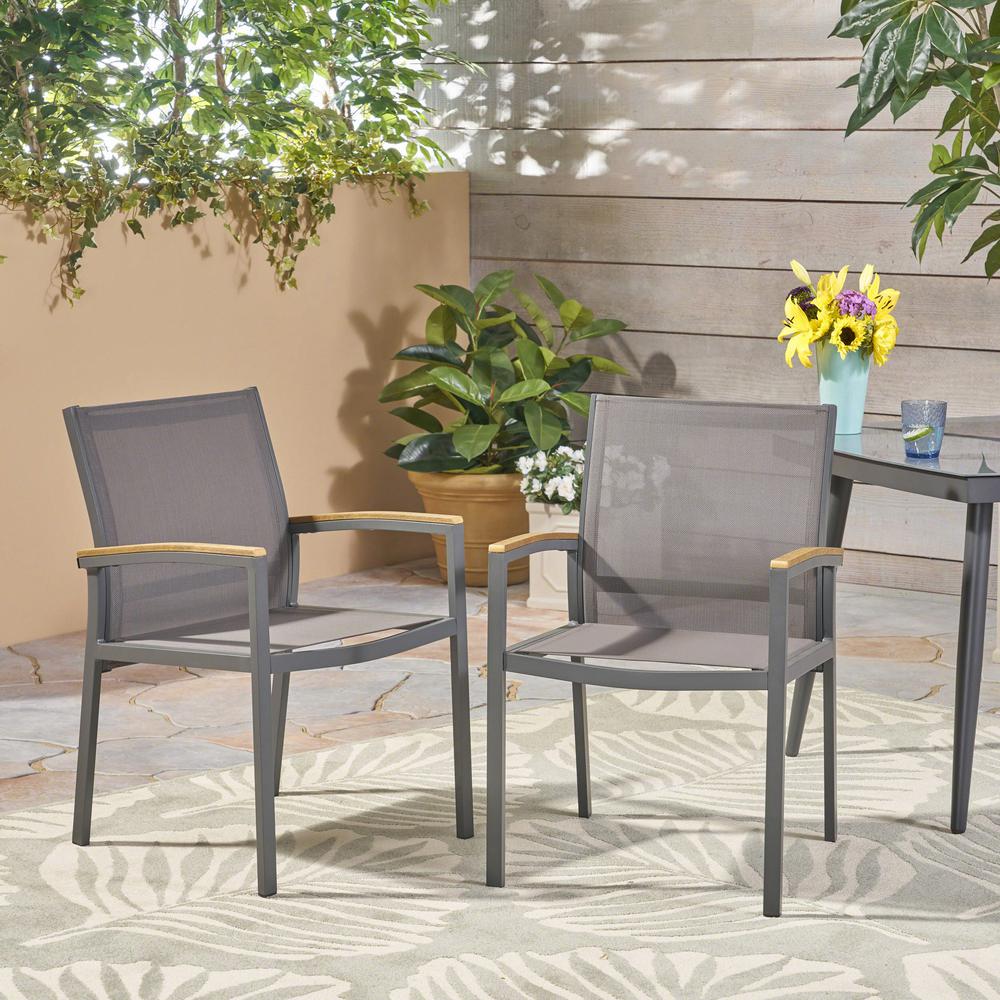 Noble House Luton Gray Armed Aluminum Outdoor Dining Chair ...