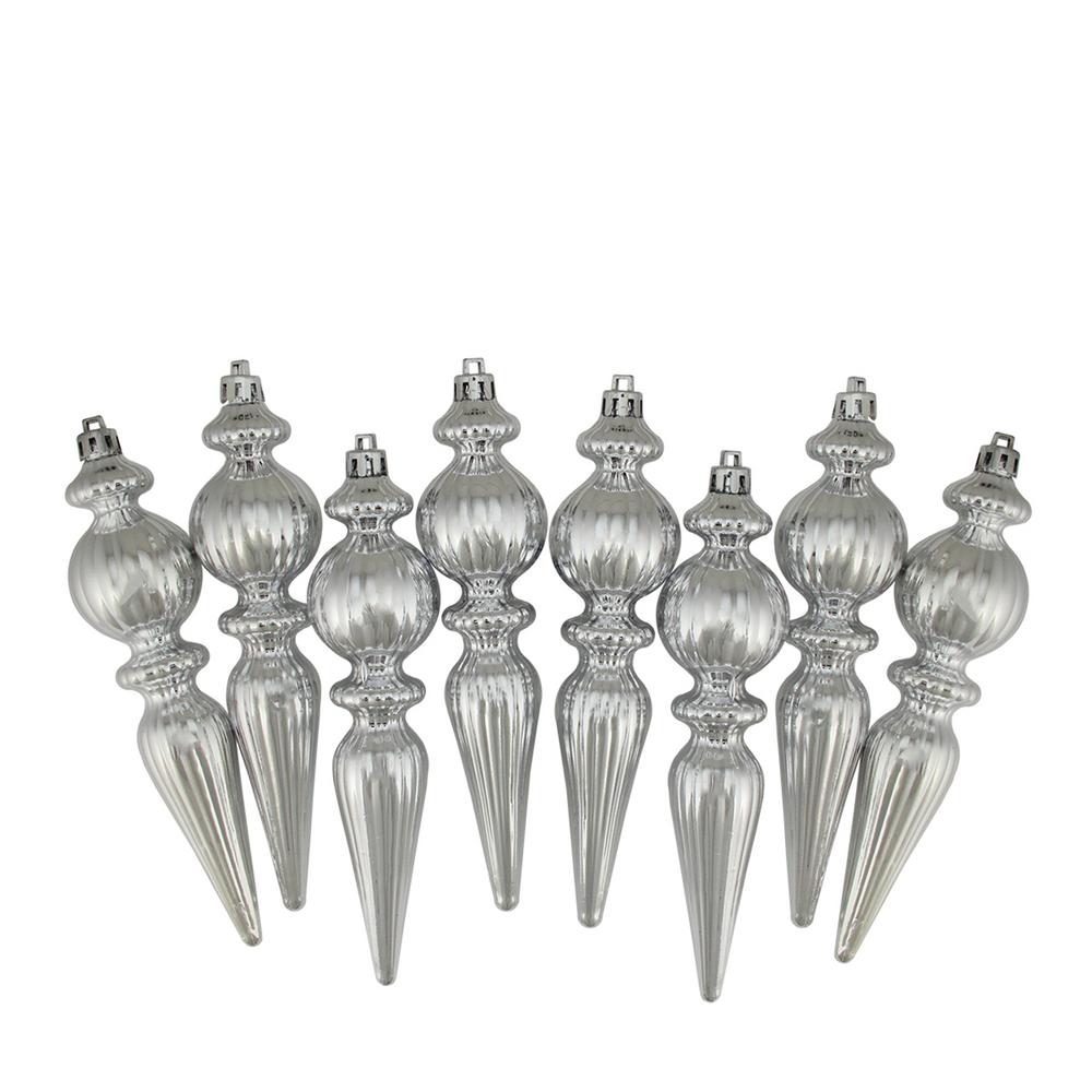 6.5 in. Silver Splendor Shatterproof Shiny Ribbed Christmas Finial Ornaments (8-Count)