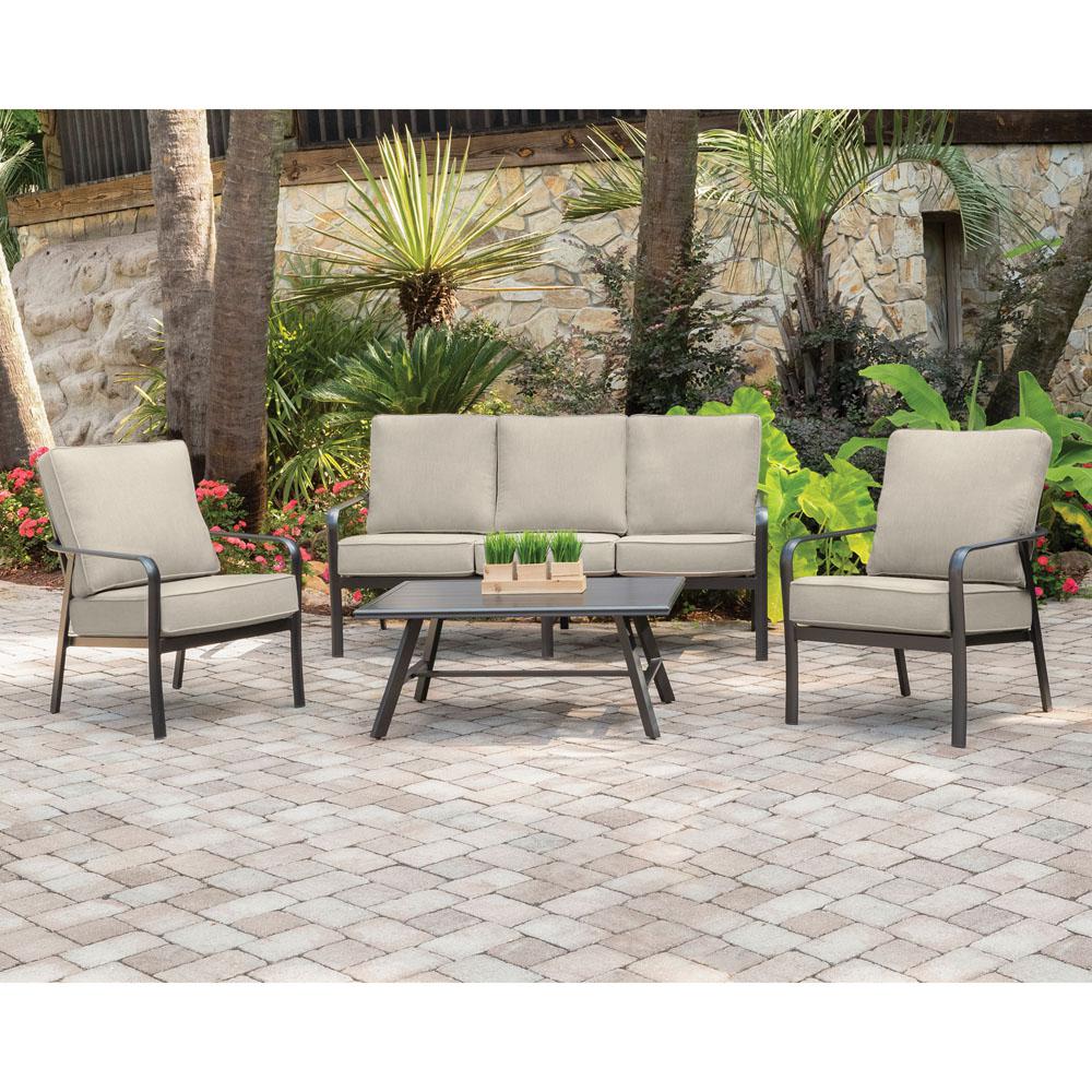 Hanover Cortino 4 Piece Commercial Rust Free Aluminum Patio Conversation Set With Tan Sunbrella Cushions Sofa And Slat Table Cort4pcs Ash The Home Depot