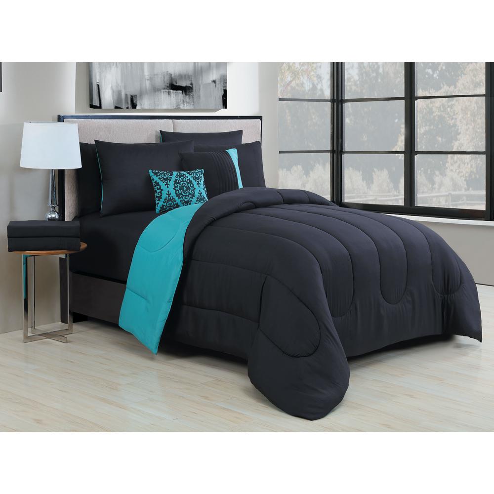 Solid 7 Piece Black Teal Twin Bed In A Bag