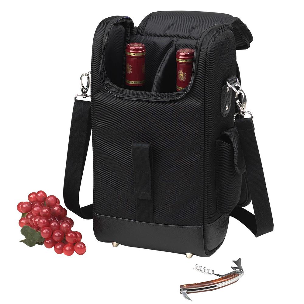 Black Stylish 2 Bottle Wine Tote with Corkscrew
