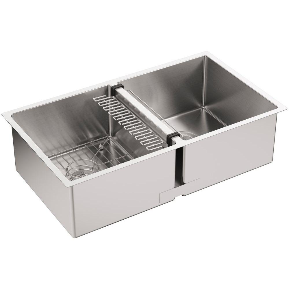 Kohler Strive Undermount Stainless Steel 32 In Double Bowl Kitchen Sink Kit