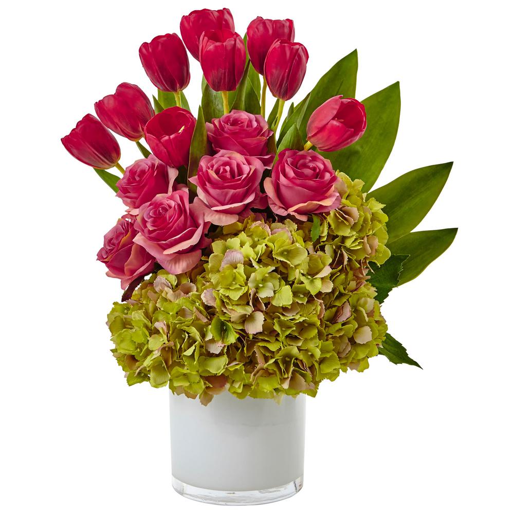 Nearly Natural Tulip, Roses and Hydrangea Silk Arrangement1472GK