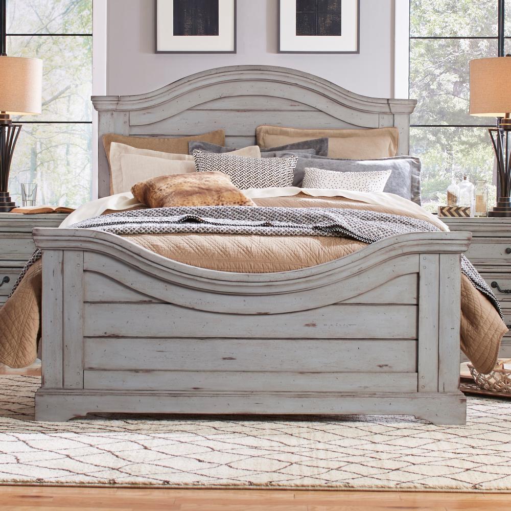 american woodcrafters stonebrook antique grey king panel bed 7820