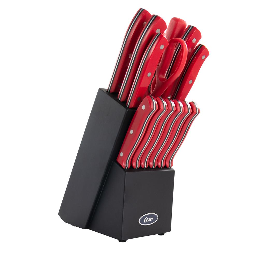 Oster Steffen 14 Piece Stainless Steel Knife Set in Red with Hardwood