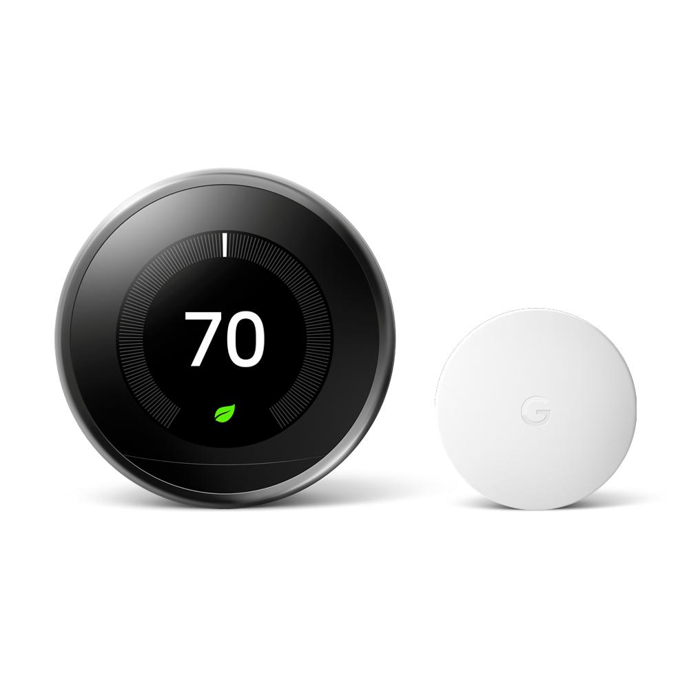 Google Nest Learning Thermostat 3rd Gen In Mirror Black And Google Nest Temperature Sensor Vbd3mbkr2018 The Home Depot