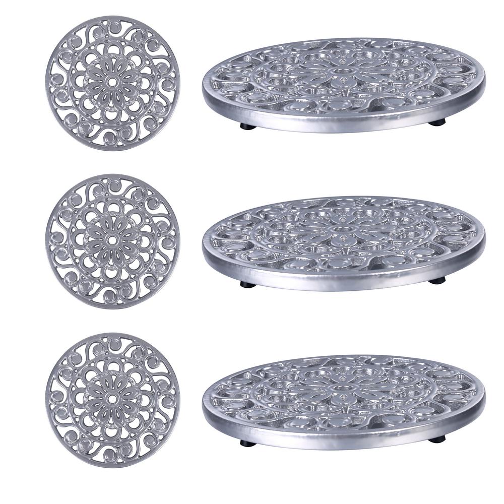 Trademark Innovations Decorative Silver Cast Iron Metal Trivets (Set of