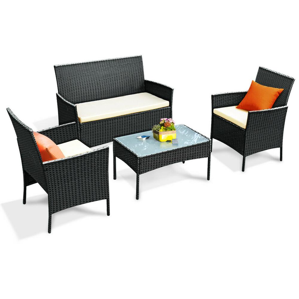 Costway 4 Piece Wicker Patio Conversation Set With White Cushions