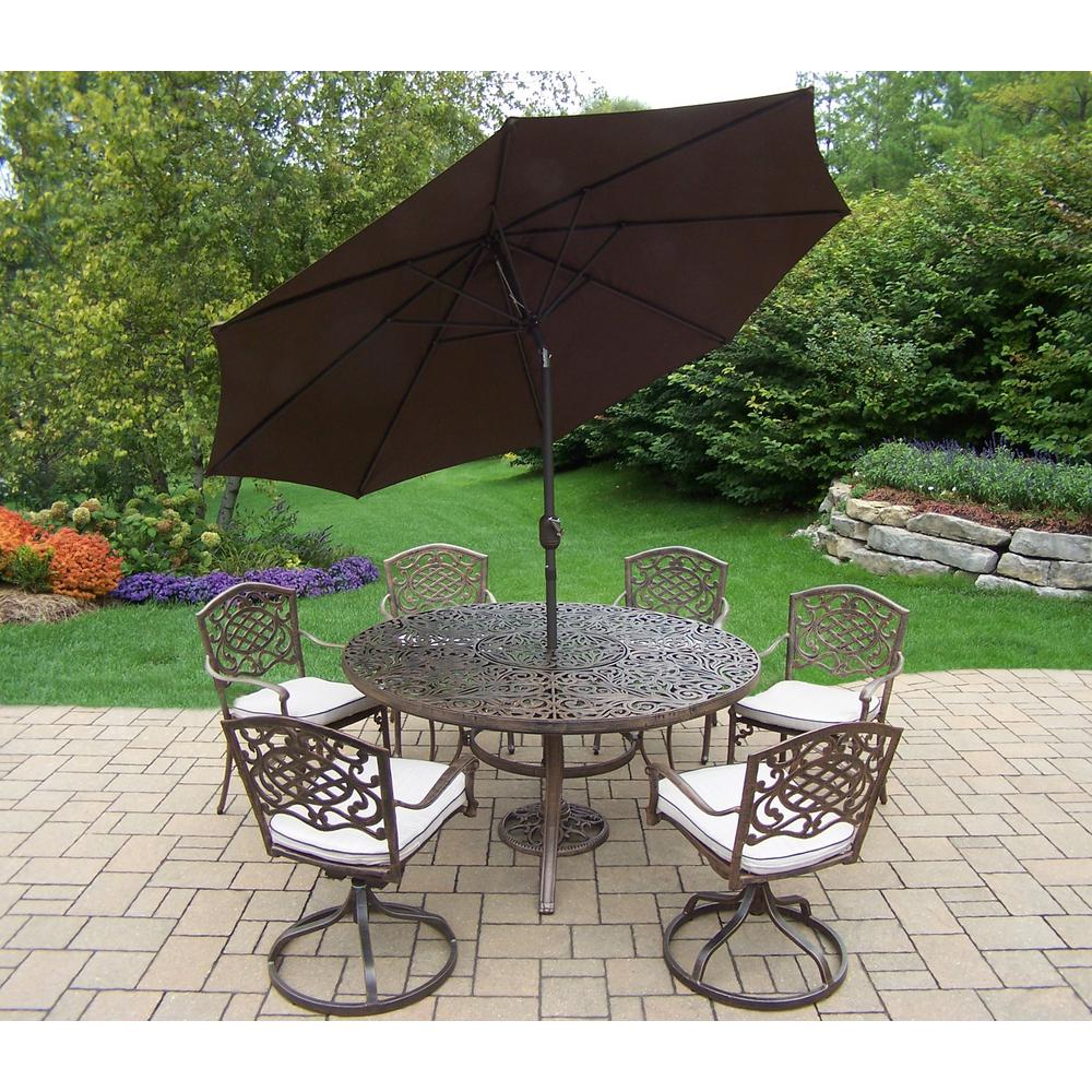 9 Piece Aluminum Outdoor Dining Set With Oatmeal Cushions And Brown 9 Piece Aluminum Outdoor Dining Set With Oatmeal Cushions And Brown Umbrella