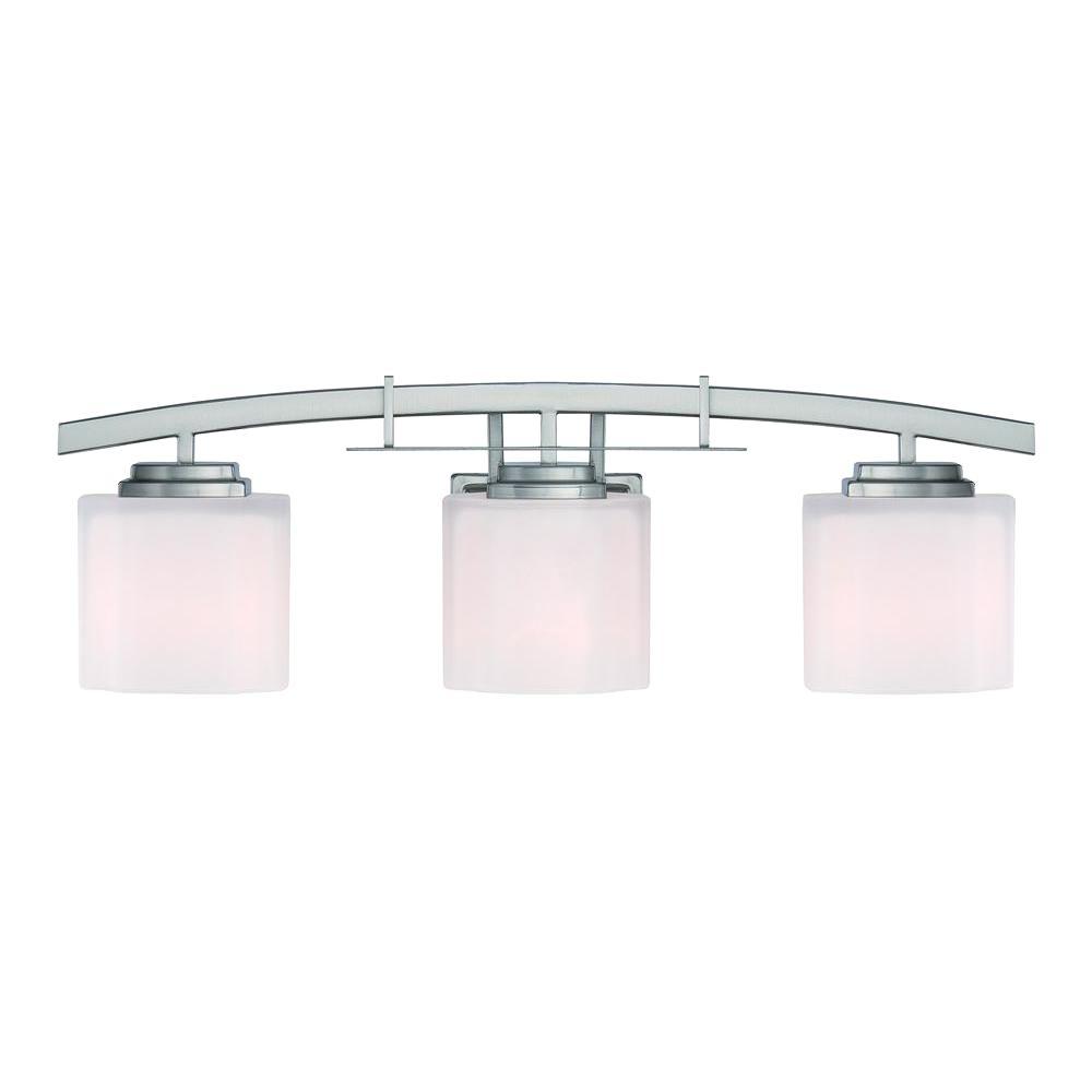 Hampton Bay Architecture 3 Light Brushed Nickel Vanity Light With Etched White Glass Shades 15041 The Home Depot