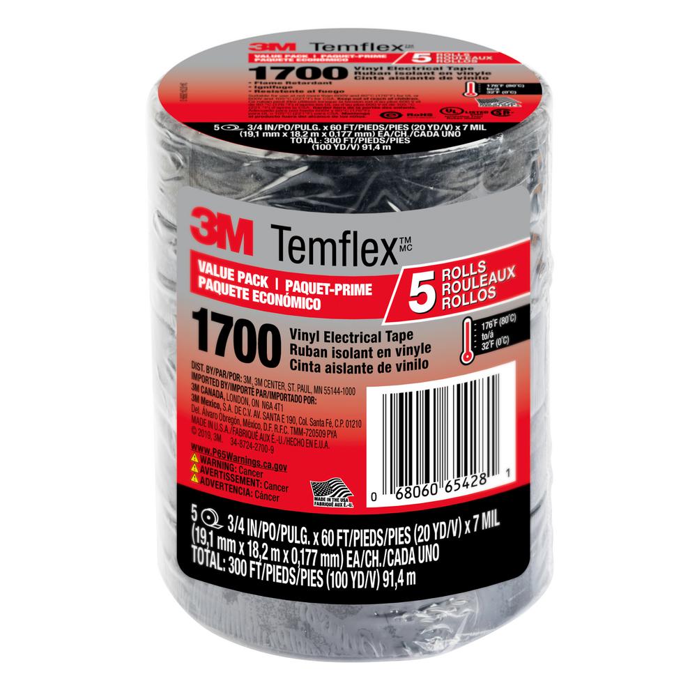 3M TEMFLEX ELECTRICAL VINYL TAPE 1700 BLACK 3//4/" x 60 FT INSULATED 2 Rolls