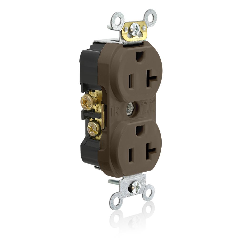 Leviton 20 Amp Commercial Grade Tamper Resistant Side Wired Self Grounding Duplex Outlet, Brown ...