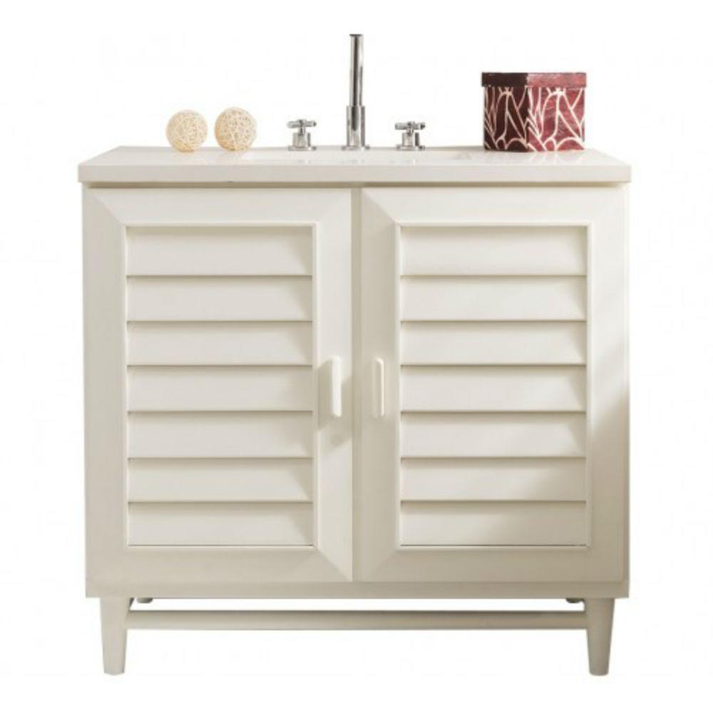 Portland 36 in. W Single Vanity in Cottage White with Solid Surface Vanity Top in Arctic Fall with White Basin
