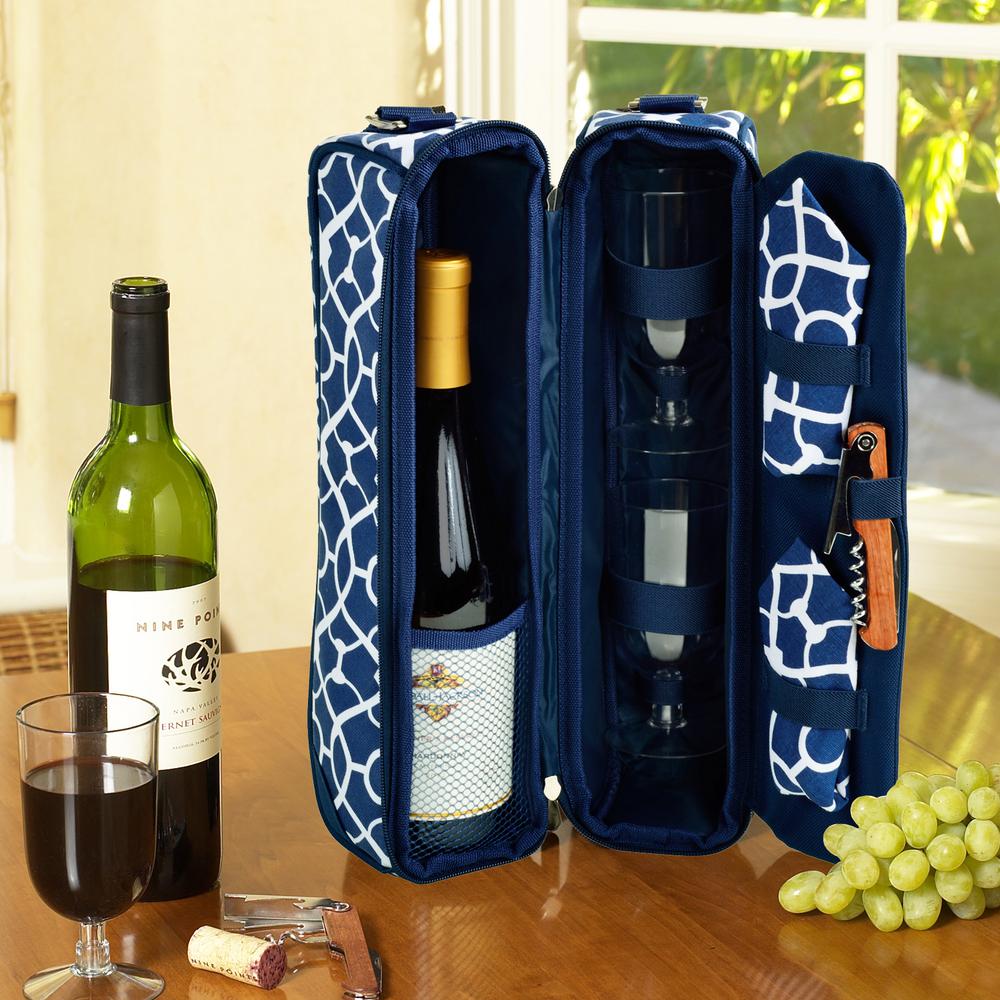 Picnic at Ascot Sunset Trellis Blue Collection Wine Tote for 2 with Glasses