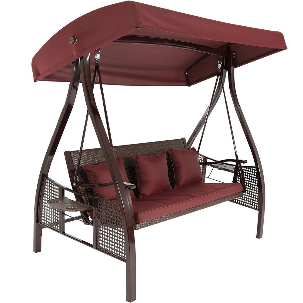 Sunnydaze Decor Deluxe Steel Frame Porch Swing with Maroon Cushion, Canopy and Side TablesZBO