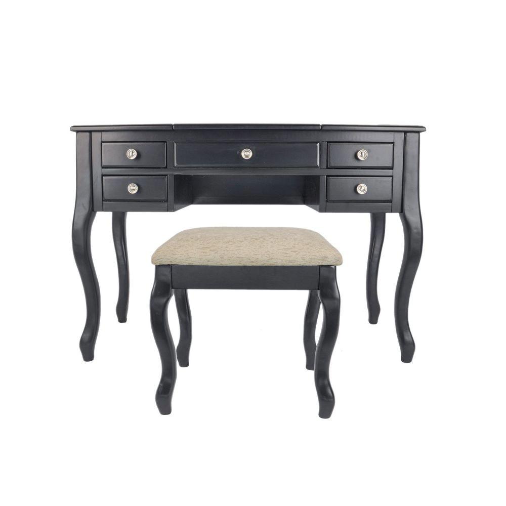 Benjara Cherub Black Vanity Set Featuring Stool And Mirror Cherub Black Vanity Set Featuring Stool