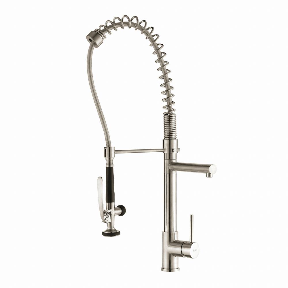 Kraus Commercial Style Single Handle Pull Down Kitchen Faucet With Pre Rinse Sprayer In Stainless Steel Kpf 1602ss The Home Depot