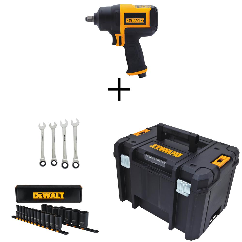 DEWALT 1/2 in. Drive SAE Deep Impact Socket Set (19Pc) w/Bonus Ratcheting Wrenches, Tool Box