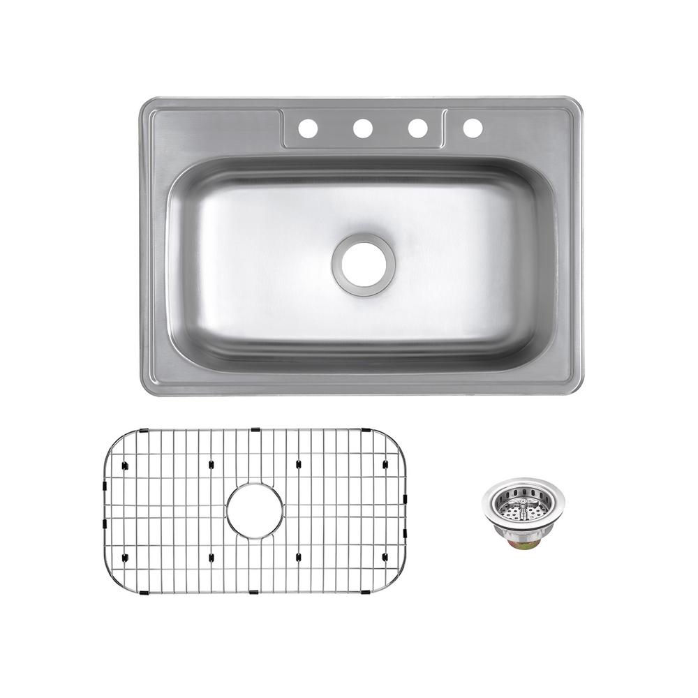 Glacier Bay Drop In 20 Gauge Stainless Steel 33 4 Hole Single Bowl Kitchen Sink With Grid And Drain Assembly