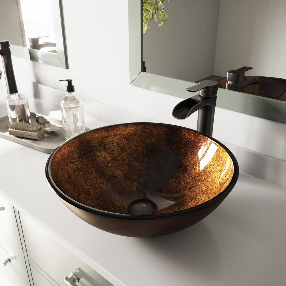Glass Vessel Bathroom Sink In Russet And Niko Faucet Set In Antique Rubbed Bronze
