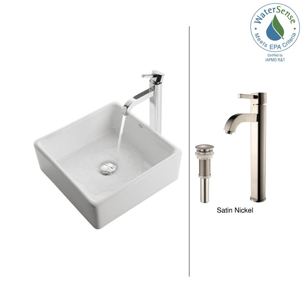 Kraus Square Ceramic Vessel Sink In White With Ramus Faucet In