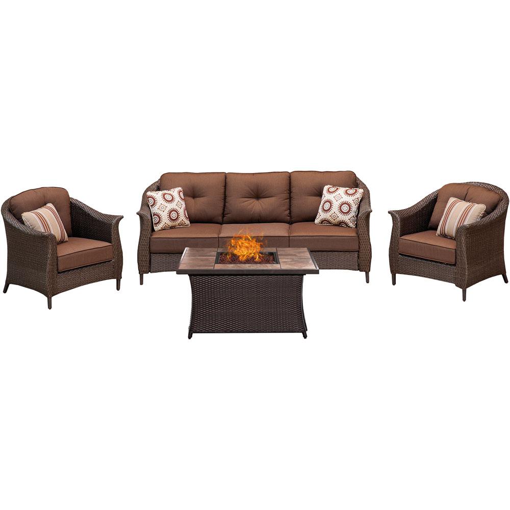 Hanover Gramercy 4 Piece Woven Patio Seating Set With Tile Top Fire Hanover Gramercy 4 Piece Woven Patio Seating Set With Tile Top Fire Pit And