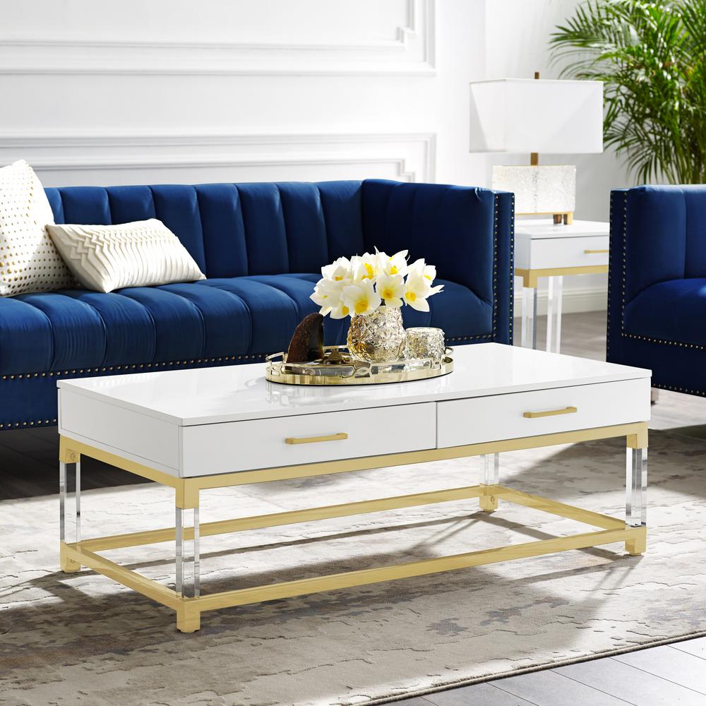 Inspired Home Caspian White/Gold Coffee Table with High Gloss 