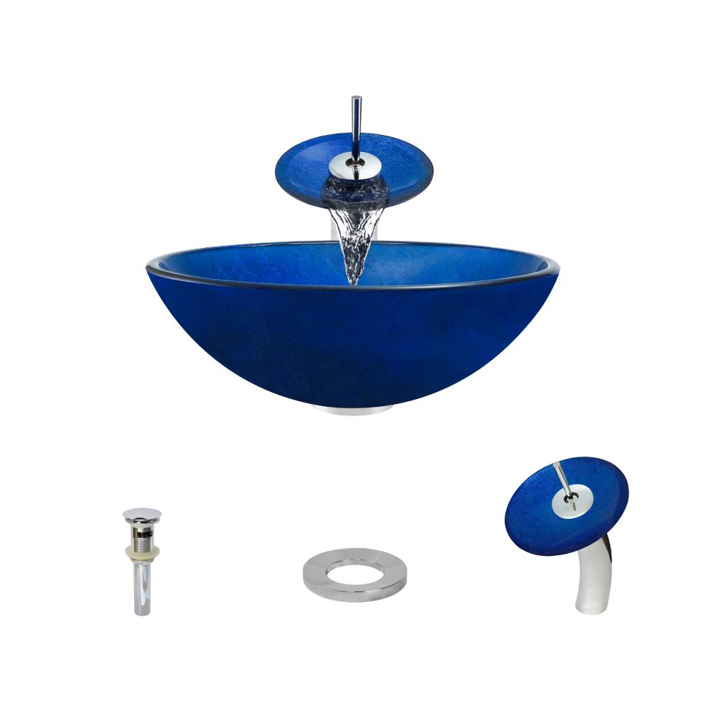Mr Direct Glass Vessel Sink In Foil Undertone Royal Blue With Waterfall Faucet And Pop Up Drain In Chrome