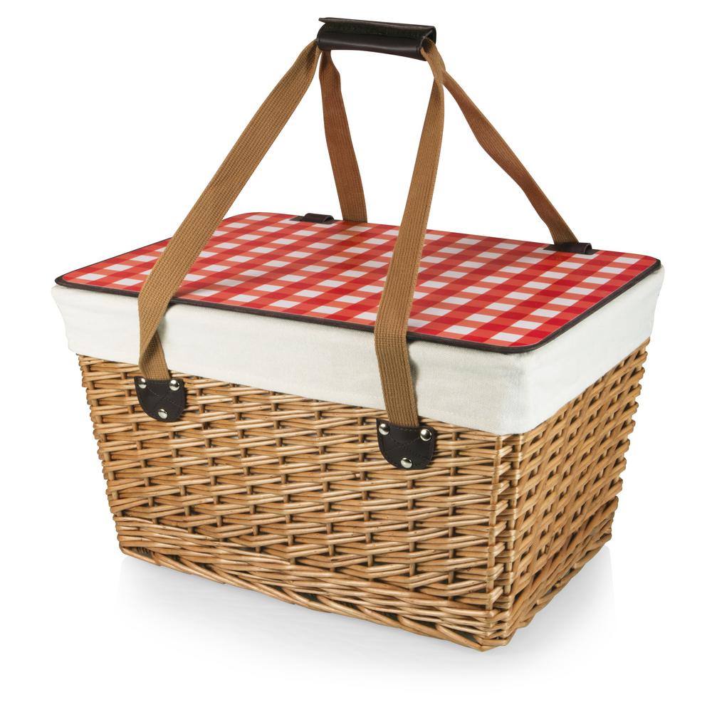 Picnic Time Canasta Grande Natural Wicker Wood Picnic Basket with Red Check Lid