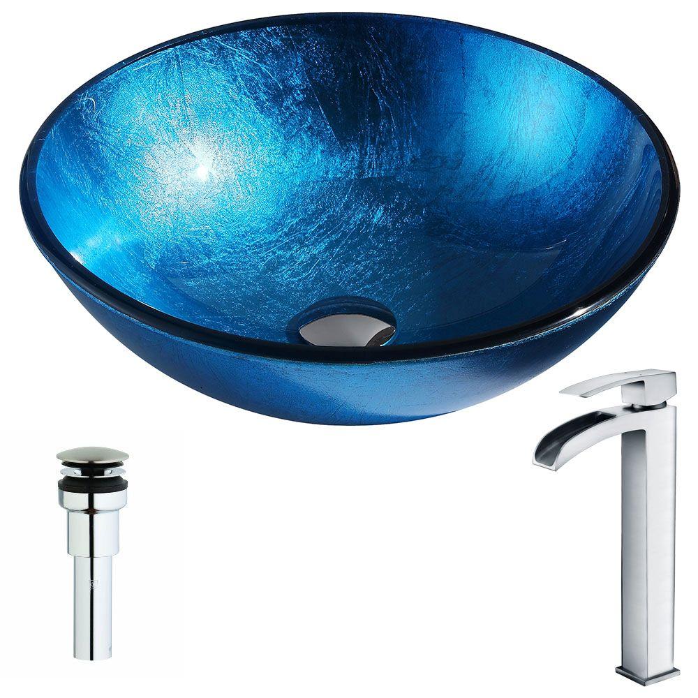 ANZZI Arc Series Deco-Glass Vessel Sink in Lustrous Light Blue with Key Faucet in Polished Chrome was $291.99 now $233.59 (20.0% off)