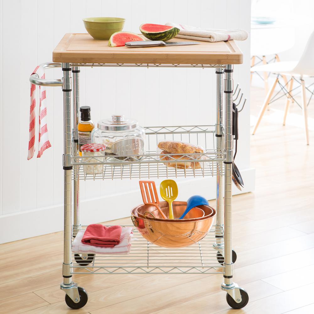 TRINITY Eco Storage Chrome Kitchen Cart With Bamboo Top TBFZ1401 The