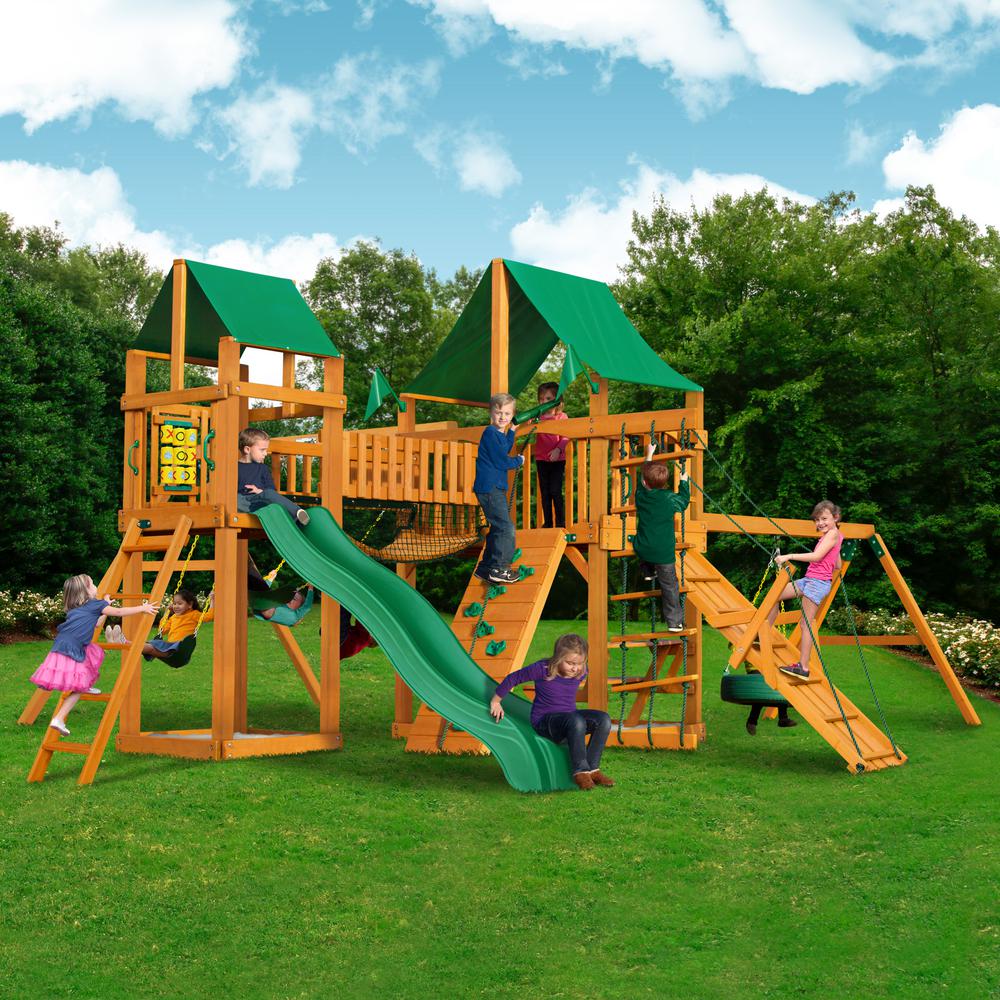 Gorilla Playsets Pioneer Peak Wooden Swing Set With Green Vinyl Canopy And Tire