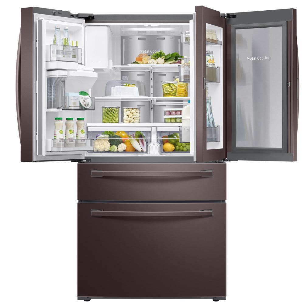 Samsung 27 8 Cu Ft Food Showcase 4 Door French Door Refrigerator In Fingerprint Resistant Tuscan Stainless Rf28r7351dt The Home Depot