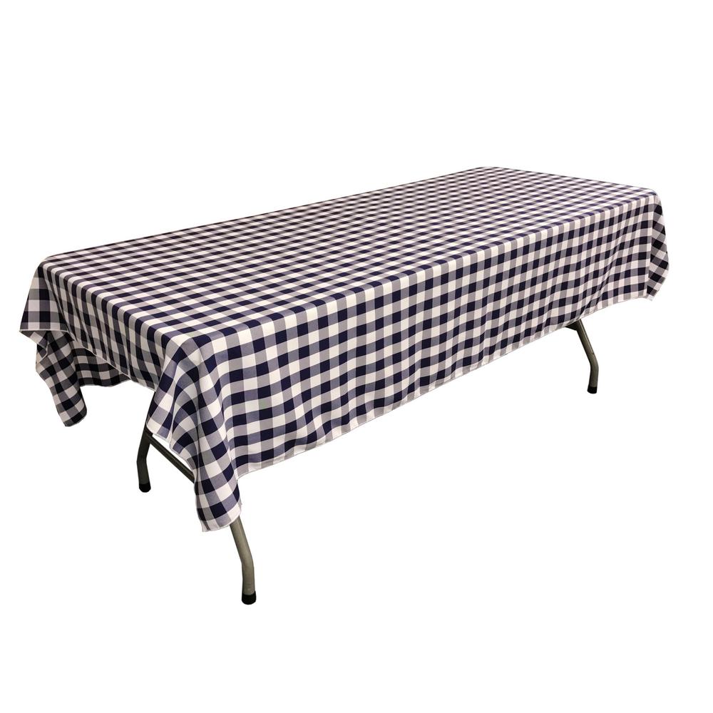 La Linen 60 In X 102 White And Navy Polyester Gingham Checkered White And Navy Polyester Gingham Checkered Rectangular