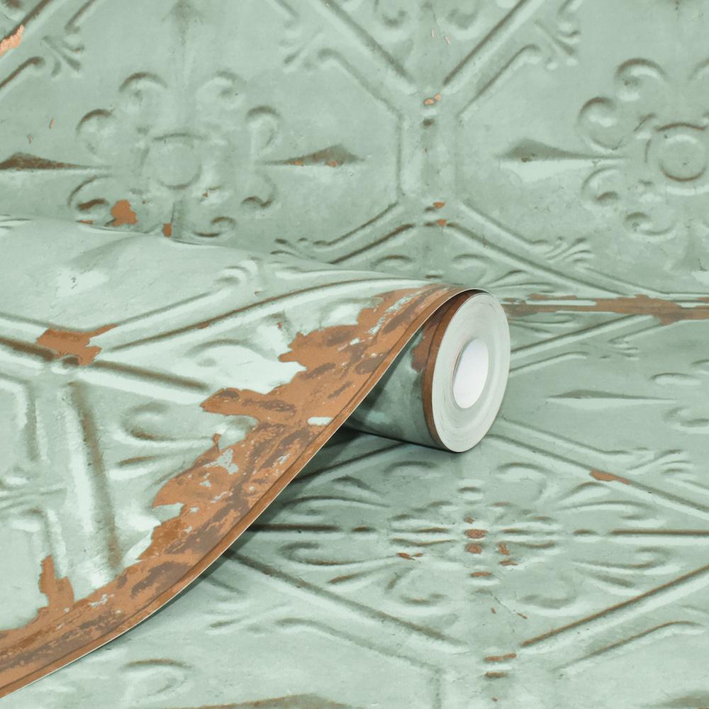 Brewster Teal Tin Ceiling Distressed Tiles Wallpaper 270122331 The
