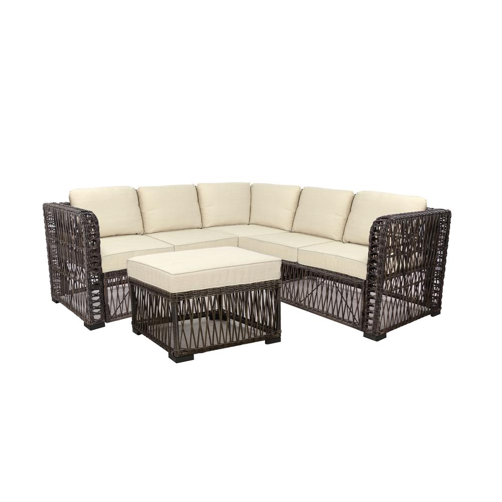 Hampton Bay Grand Isle 4 Piece Wicker Outdoor Patio Sectional Seating Set With Beige Cushions 65 18243 The Home Depot