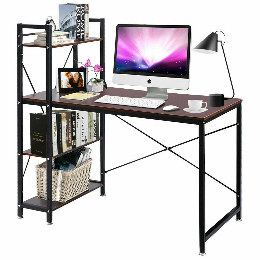 Costway Brown Modern Computer Desk With 4 Tier Shelves Pc