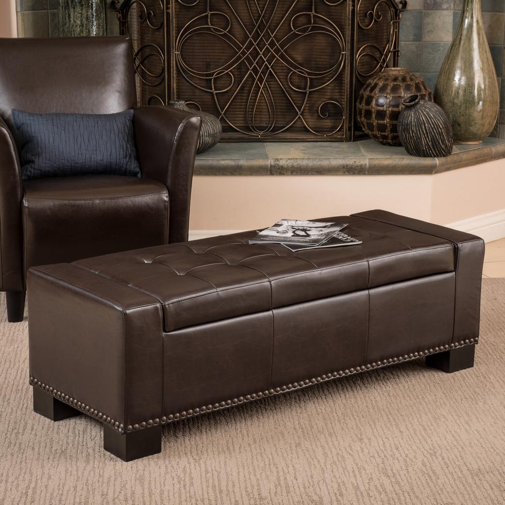 Noble House Luciano Brown Bonded Leather Storage Bench With Studs