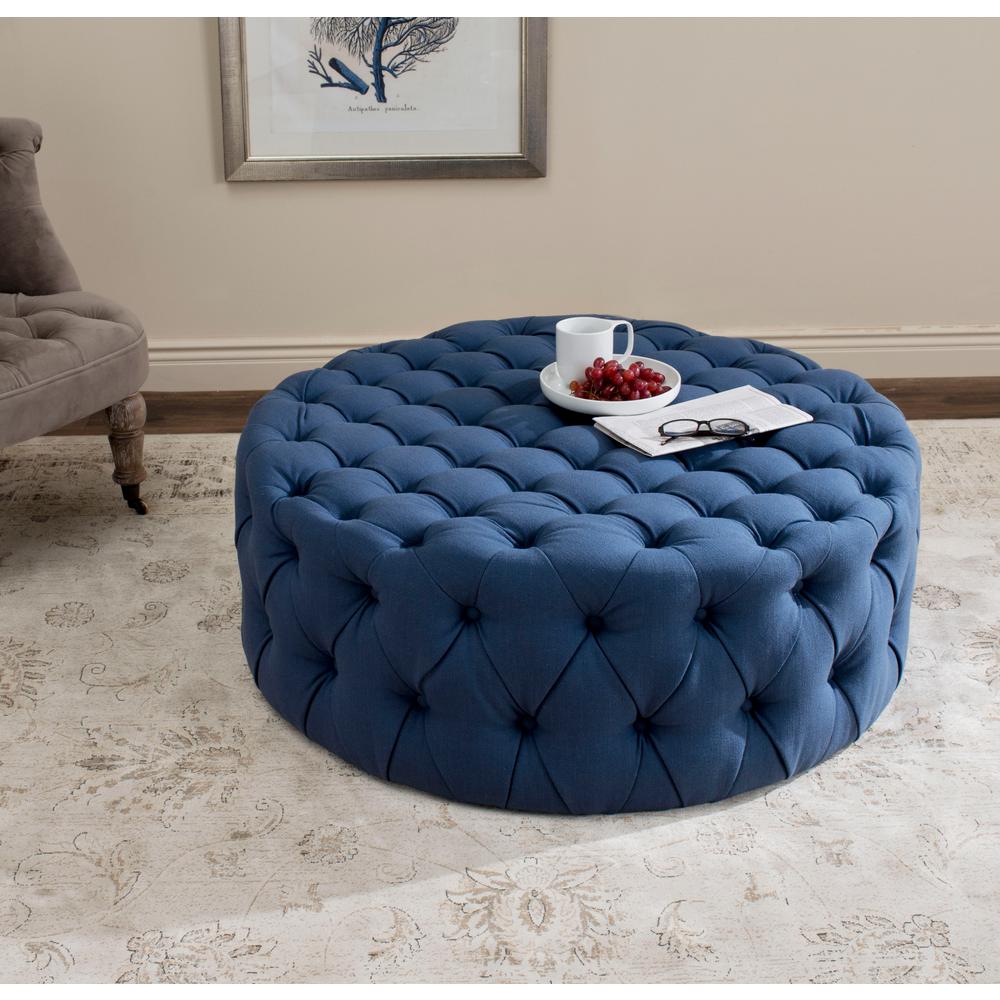 Round Blue Fabric Ottomans Living Room Furniture The Home Charlene Navy Tufted Ottoman