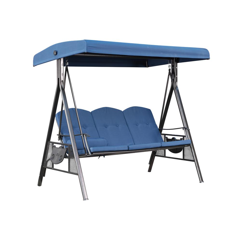 Patio Festival 78 In 3 Person Metal Swing With Blue Cushions 3 Person Metal Patio Swing With Blue Cushions