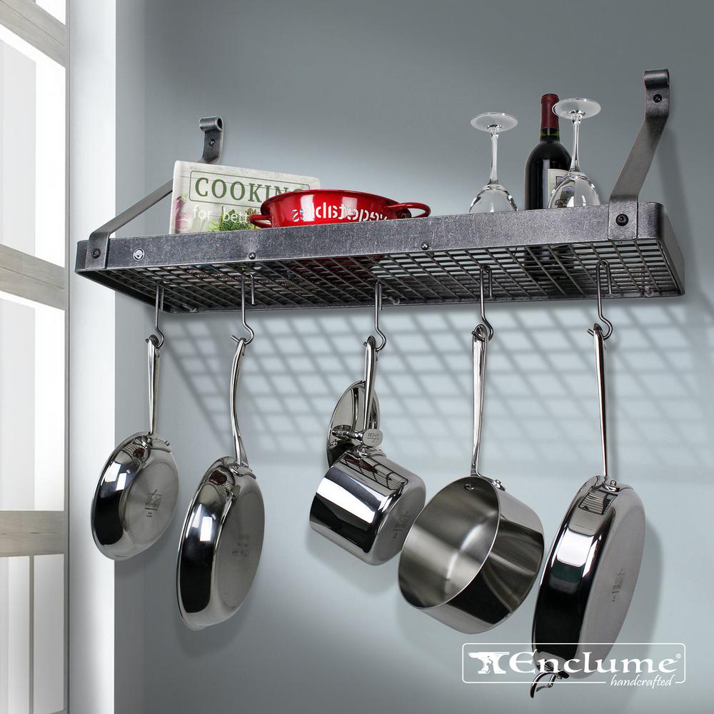 Enclume Handcrafted 36 In Gourmet Deep Bookshelf Wall Rack With 12 Gourmet Deep Bookshelf Wall Rack With 12 Hooks Hammered Steel