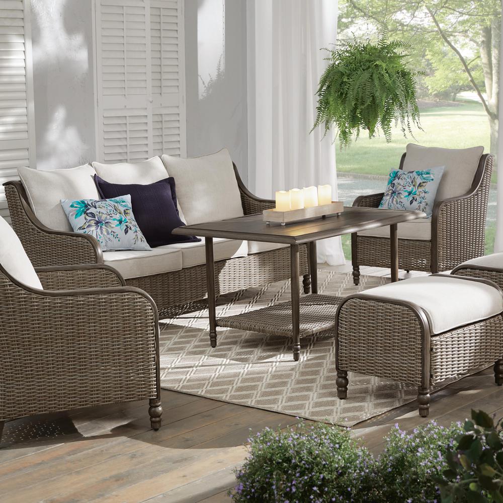 Hampton Bay Windsor 6 Piece Brown Wicker Outdoor Patio Conversation Seating Set With Cushionguard Biscuit Tan Cushions A201001500 The Home Depot - 6 Piece Windsor Patio Set Hampton Bay Windsor 6 Piece Brown Wicker Outdoor Patio Conversation Seating Set With Cushionguard Biscuit Tan Cushions A201001500 The Home Depot - 6 Piece Windsor Patio Set
