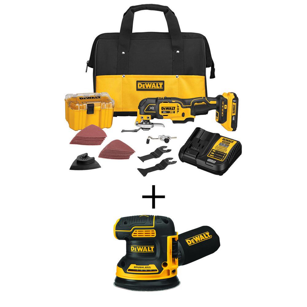 DEWALT 20V MAX XR Cordless Brushless 3-Speed Oscillating Multi Tool, 20V Random Orbital Sander, and (1) 20V 2.0Ah Battery