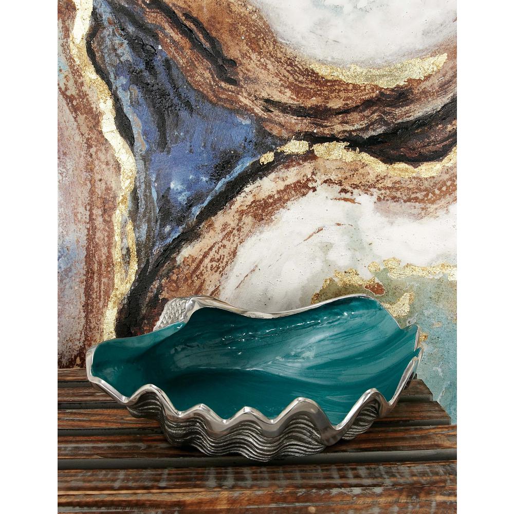 DecMode Coastal Seashell Inspired Metal Serving Bowl with White/Aquamarine Finish, 12"W x 3"H