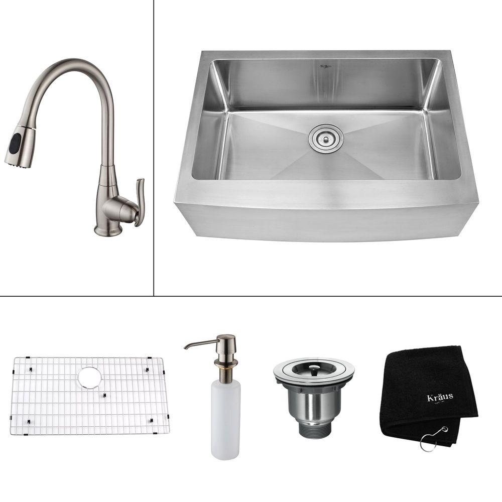 Kraus All In One Farmhouse Apron Front Stainless Steel 30 In Single Bowl Kitchen Sink With Faucet In Satin Nickel