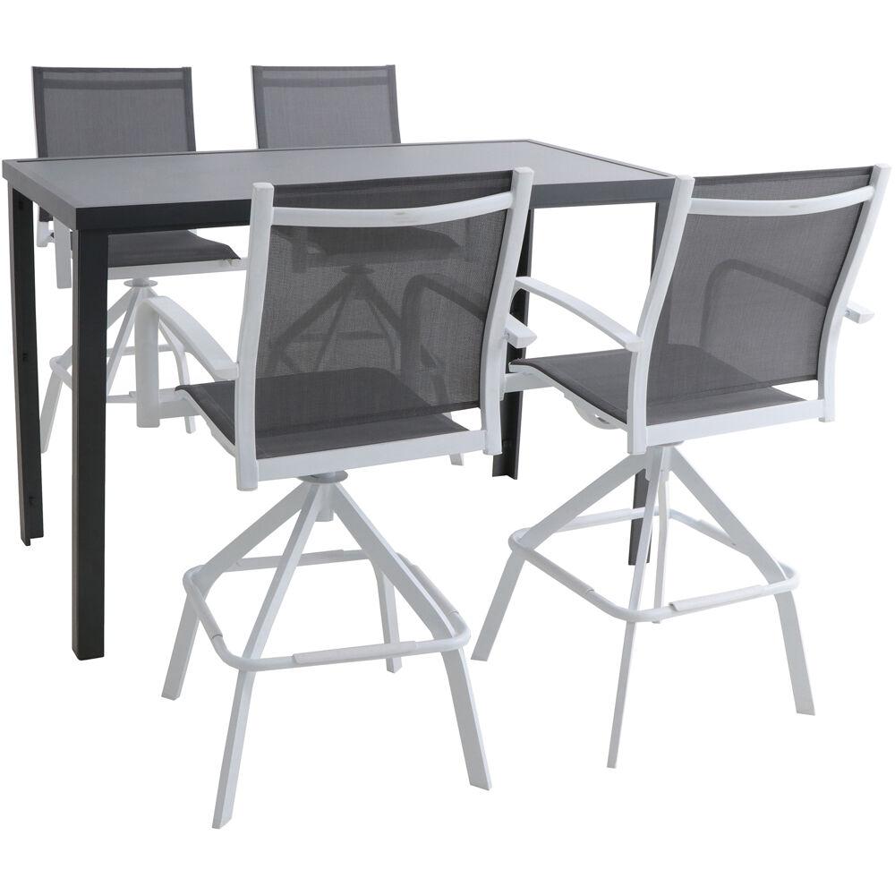 Hanover Naples 5 Piece Aluminum Outdoor Dining Set With 4 Swivel Bar Chairs And A Glass Top Bar Table In White Gray