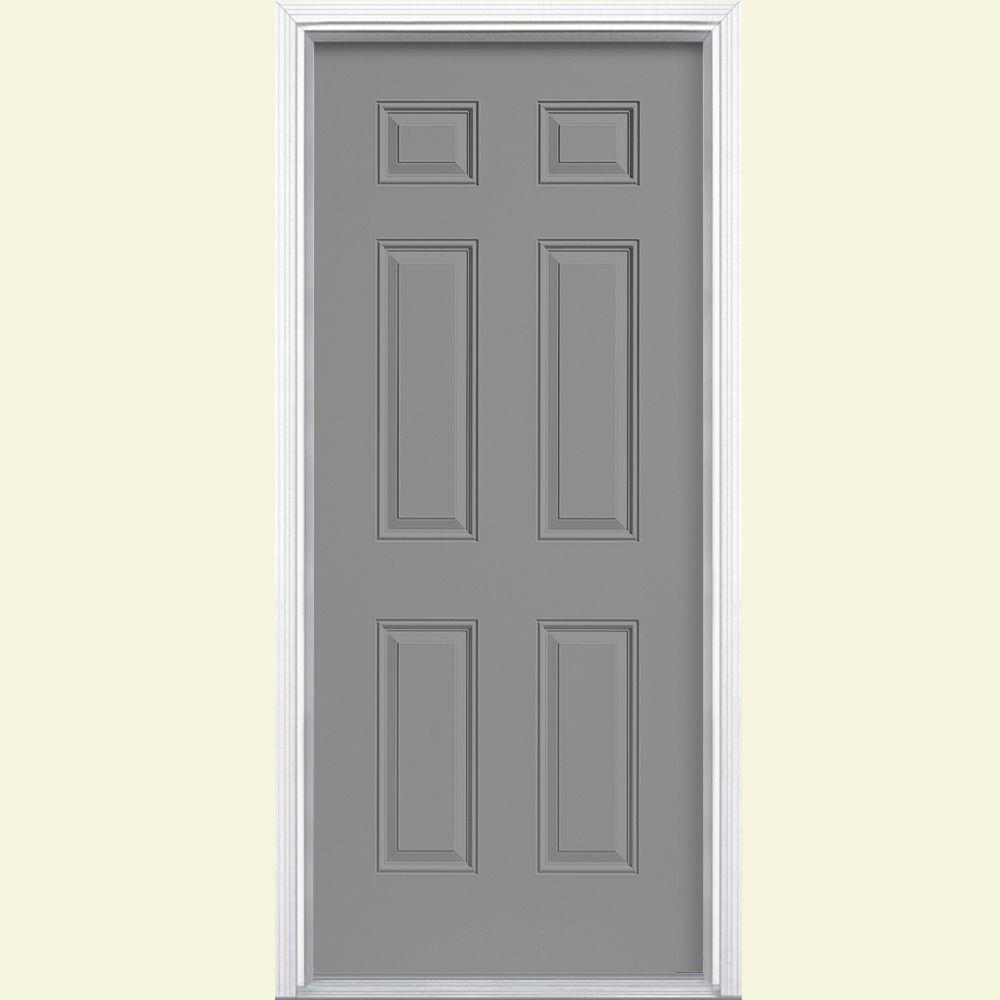 Masonite 32 In X 80 In 6 Panel Silver Cloud Right Hand Inswing Painted Smooth Fiberglass Prehung Front Door With Brickmold