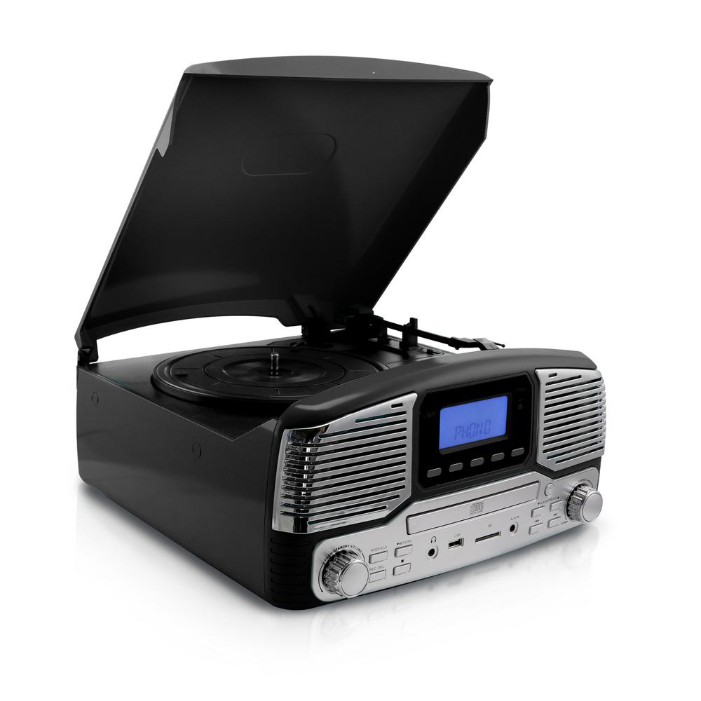 FM Radio USB Aux-In Bluetooth All-In-One Retro Turntable with CD Player